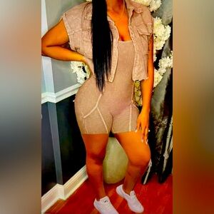 Tan Ribbed Jumpsuit with Cropped Jacket